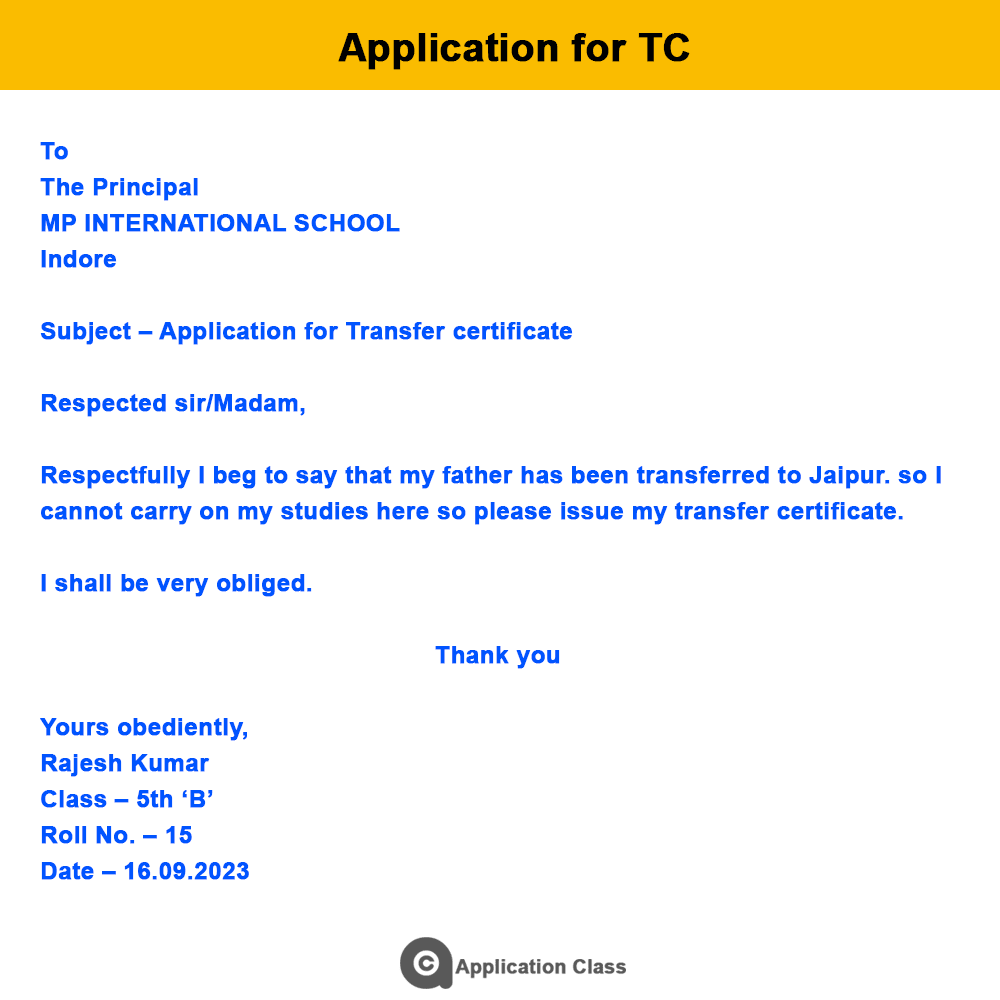 application letter to get transfer certificate