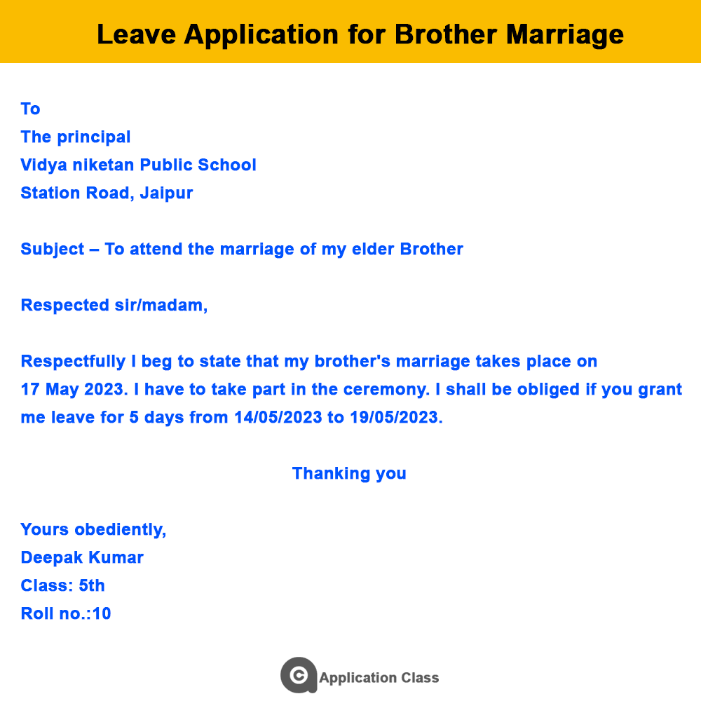 leave application letter format for brother marriage