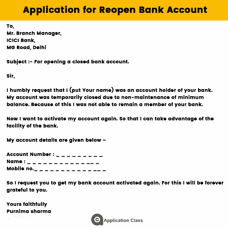 application for reopen bank account